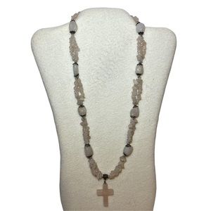 White Necklace With Glass Acrylic Beads Stone Cross Silver Accents